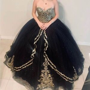 Elegant Black and Gold Prom Dress, with Crinoline Skirt & Hoop